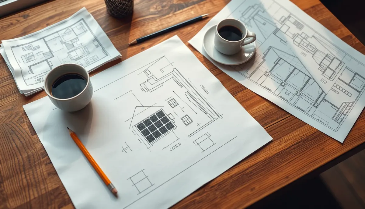 Plans architecturaux et photomontages d'intégration de panneaux solaires sur une table en bois, vus de dessus