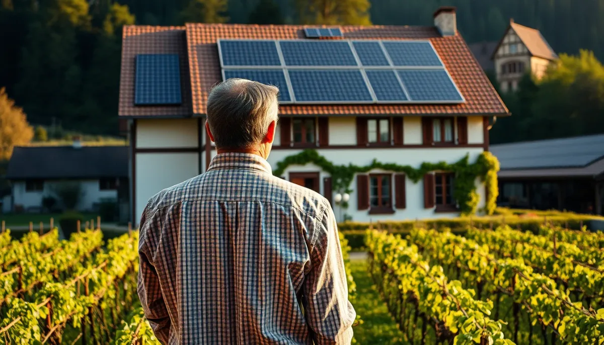 Propriétaire devant sa maison historique avec panneaux solaires intégrés à la toiture, dans un vignoble