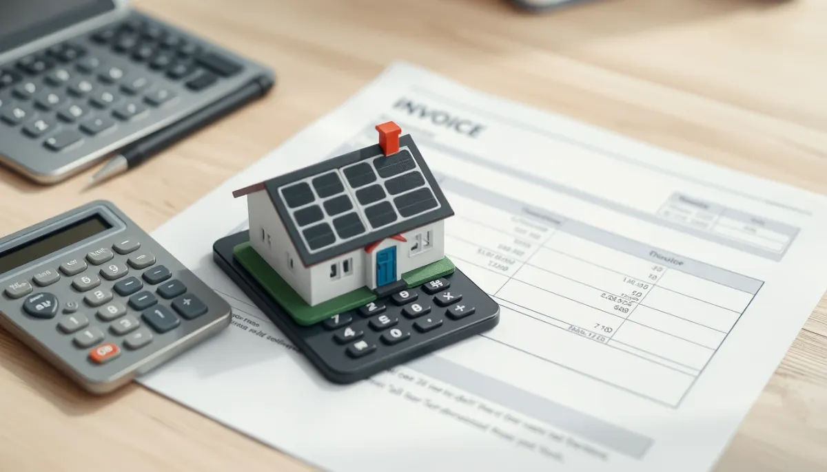 Facture détaillée et calculatrice sur un bureau, avec une maquette de maison équipée de panneaux solaires