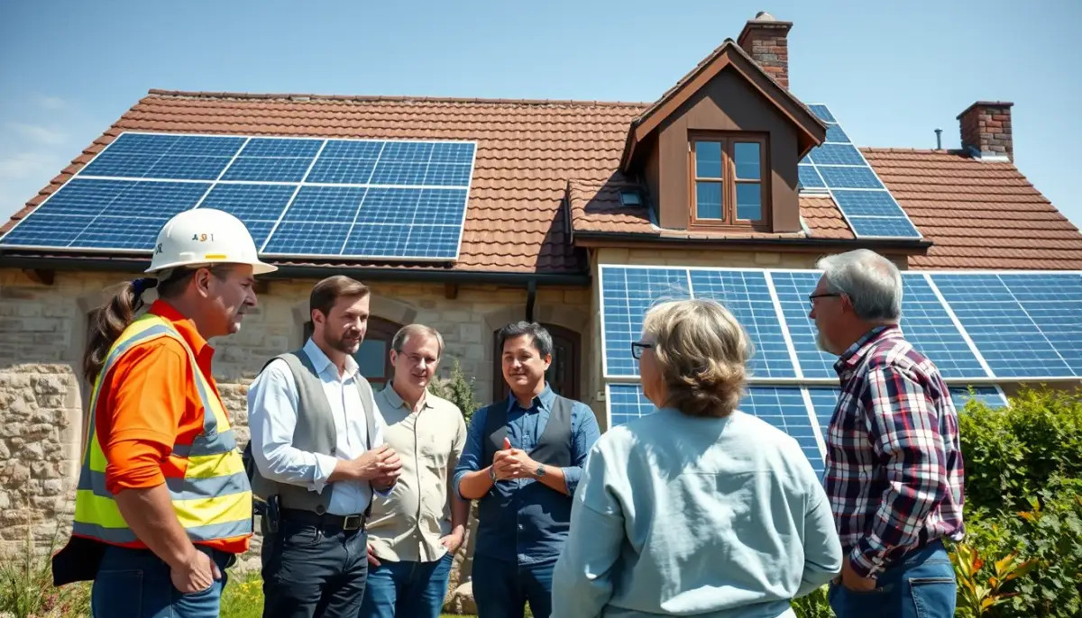 Groupe de personnes (architecte, installateur, propriétaire) discutant devant un bâtiment historique avec panneaux solaires