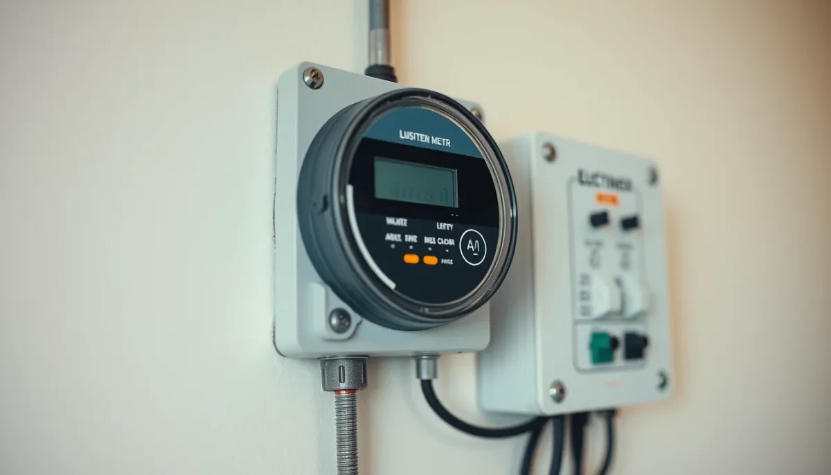 Gros plan sur un compteur électrique intelligent et un tableau de distribution dans un local technique