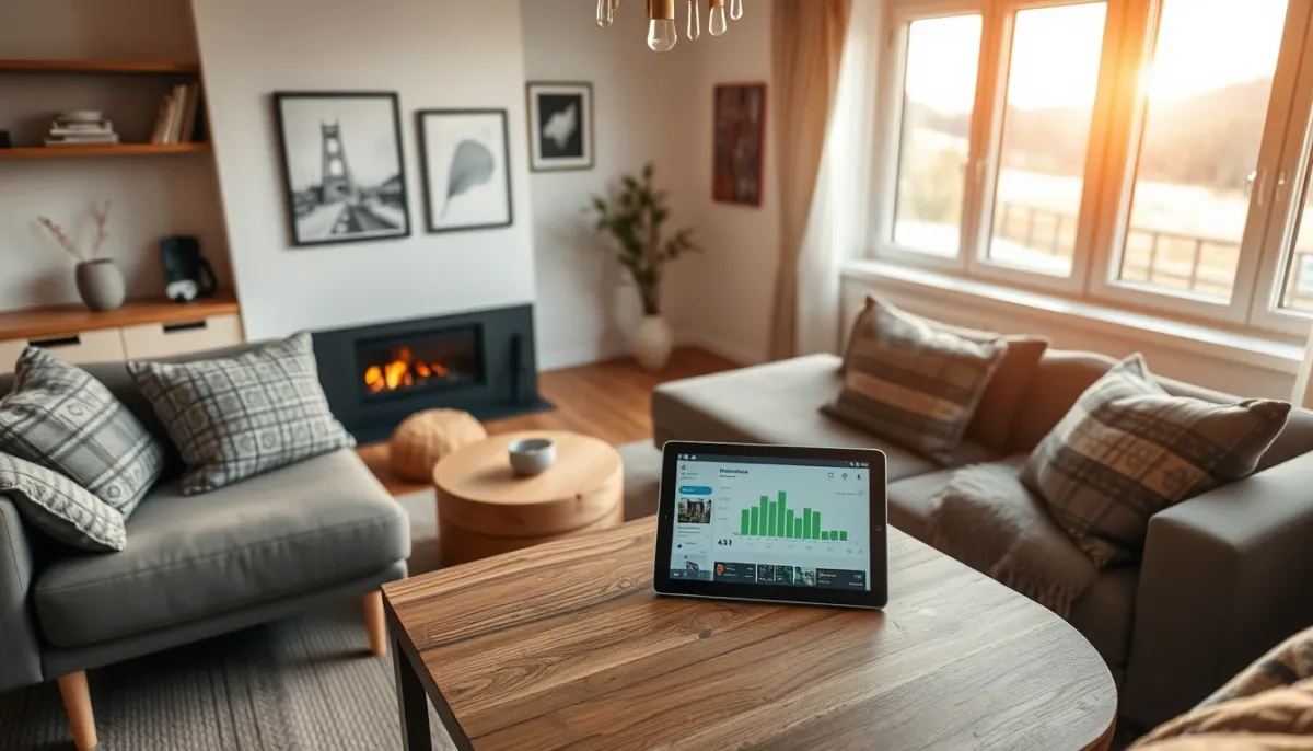 Tablette affichant une application de suivi de consommation d'énergie posée sur une table dans un salon lumineux