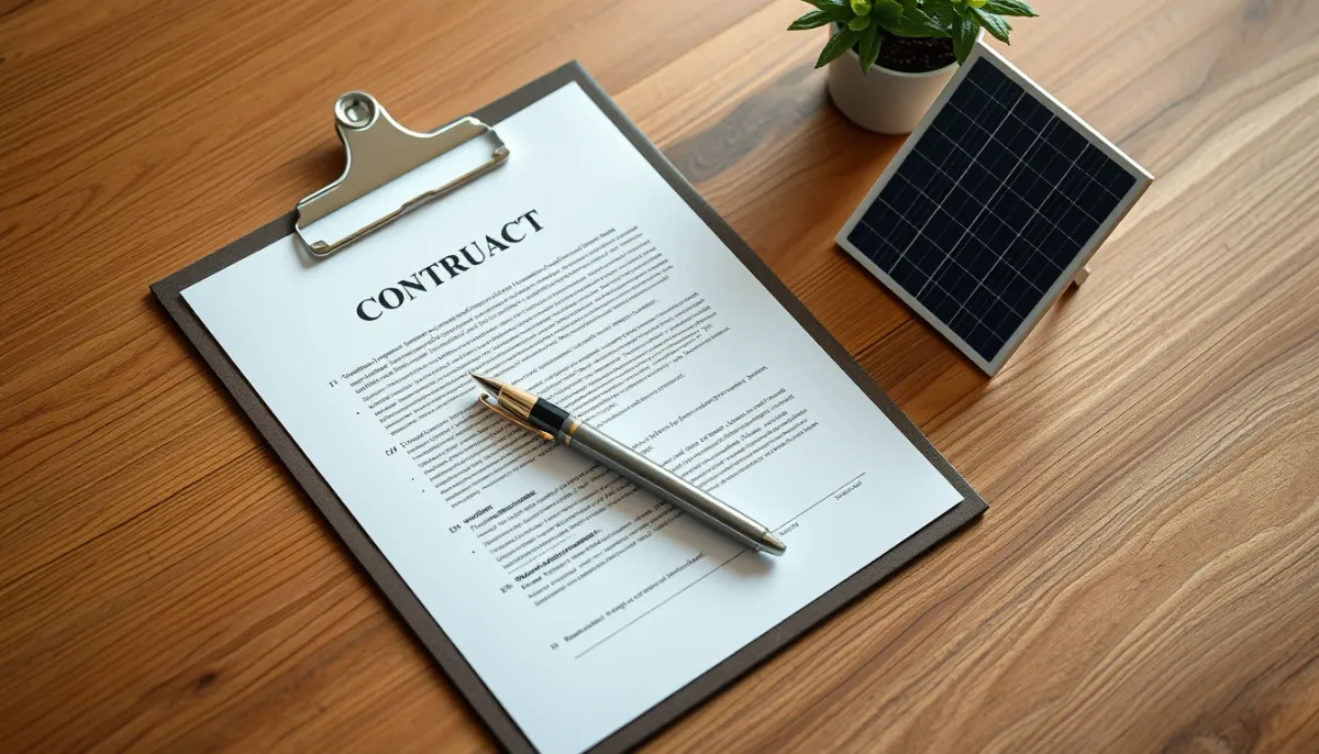 Contrat et stylo sur un bureau en bois avec une maquette de panneau solaire, symbolisant la convention de regroupement