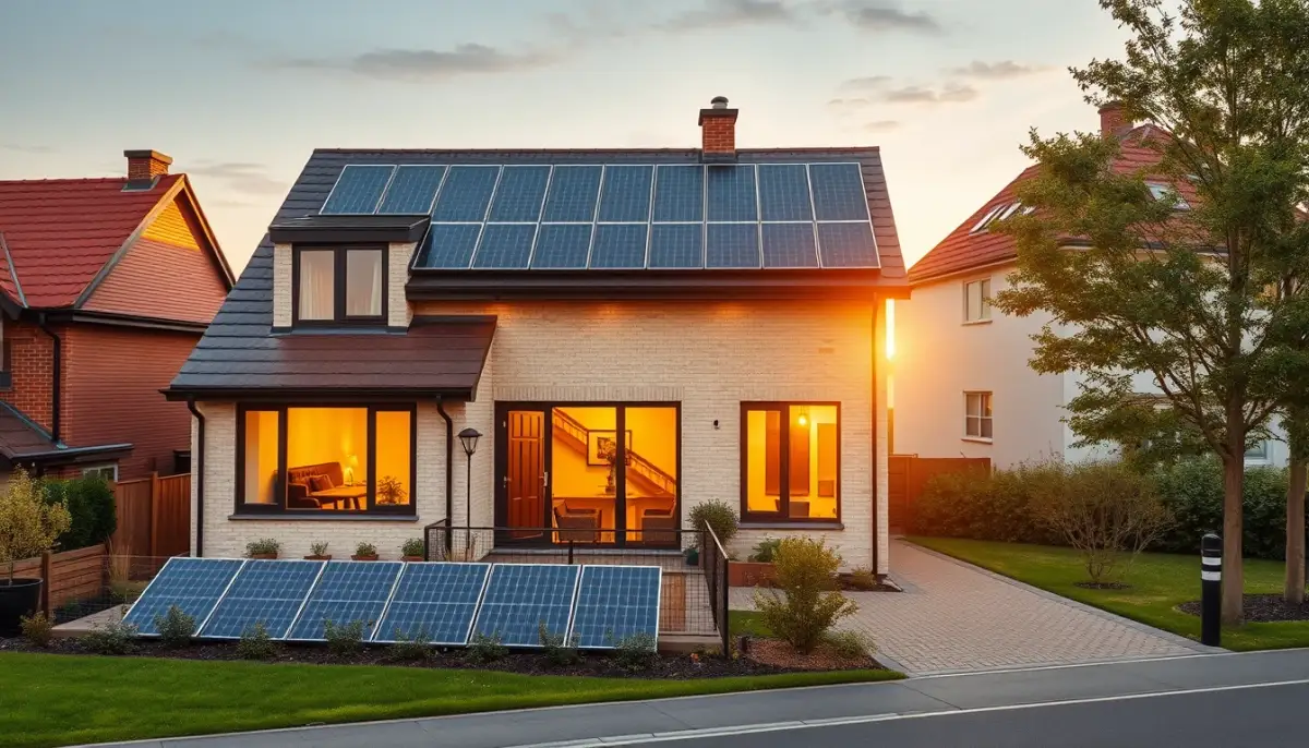 Maison jumelée avec toit solaire et maison voisine, illustrant le partage d'énergie entre voisins
