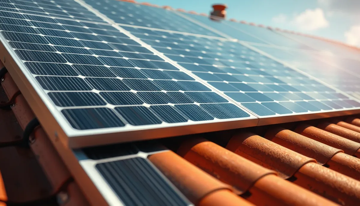Gros plan sur des panneaux solaires intégrés à une toiture en tuiles