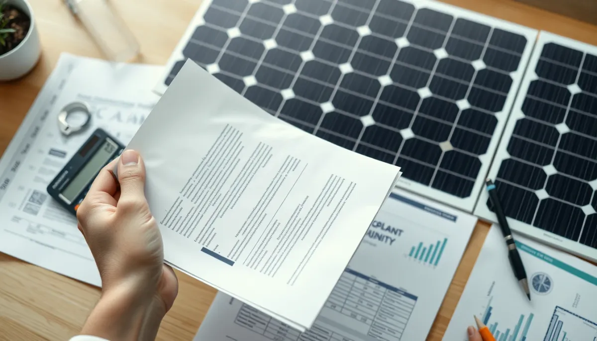Mains tenant des documents officiels et une calculatrice devant des panneaux solaires