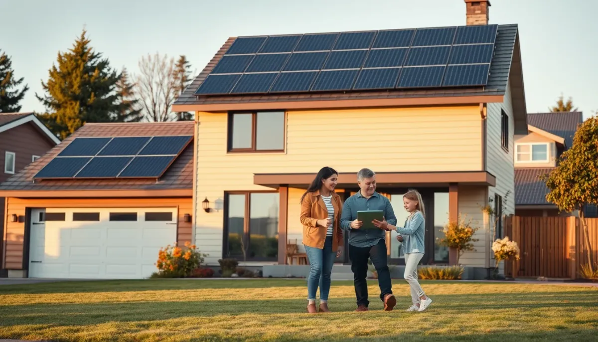 Maison moderne avec panneaux solaires et une famille consultant une tablette