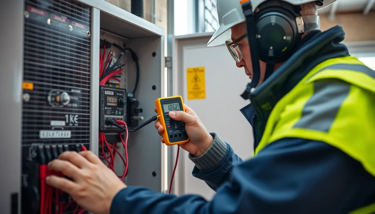 Technicien solaire mesurant la tension sur un onduleur avec un multimètre