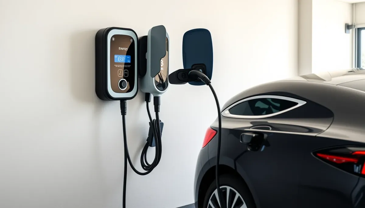 Borne de recharge intelligente installée sur un mur de garage, connectée à une voiture électrique