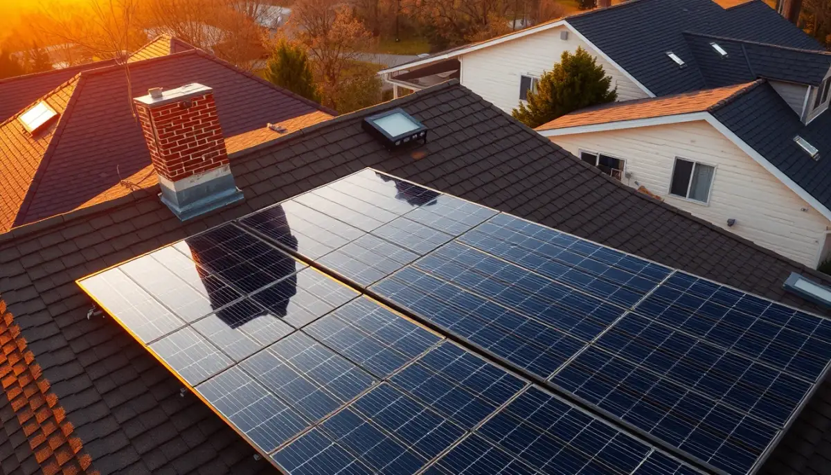 Panneaux solaires installés sur le toit d'une maison résidentielle, vue en plongée