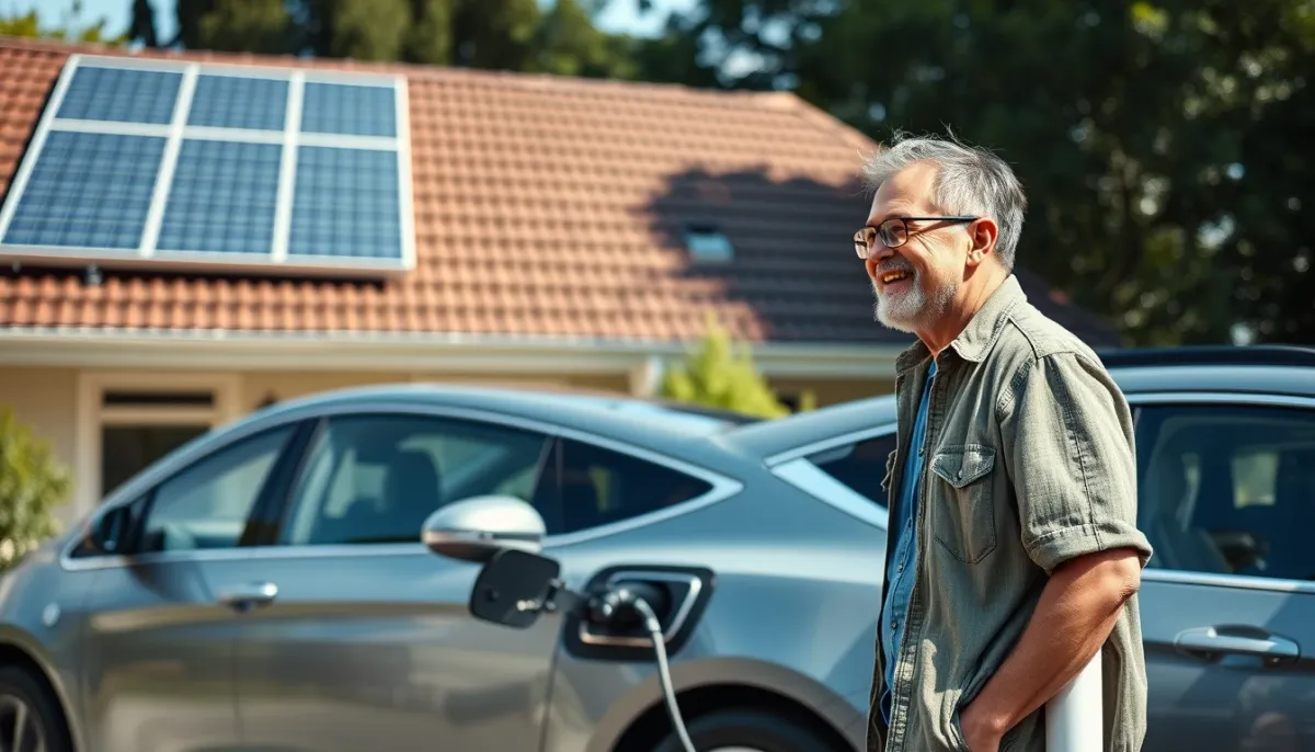 Propriétaire souriant à côté de sa voiture électrique en charge grâce à l'énergie solaire